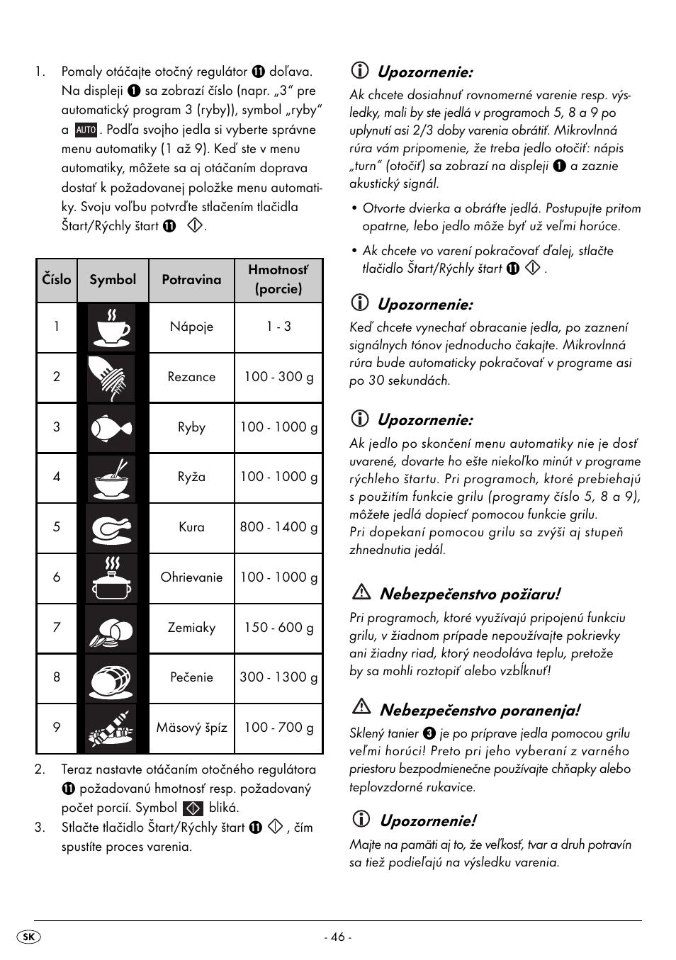 Upozornenie, Nebezpečenstvo požiaru, Nebezpečenstvo poranenja | Silvercrest SMW 800 A2 User Manual | Page 48 / 70
