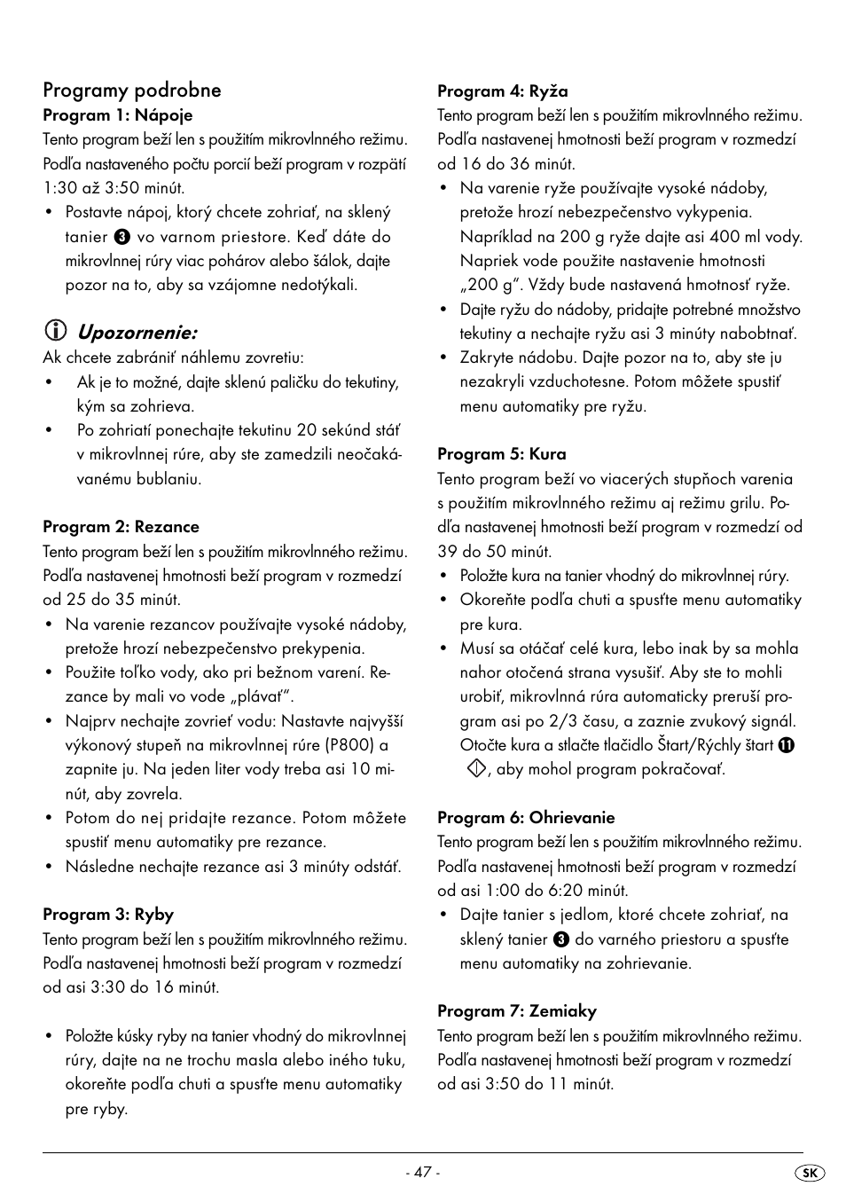 Programy podrobne, Upozornenie | Silvercrest SMW 800 A2 User Manual | Page 49 / 70