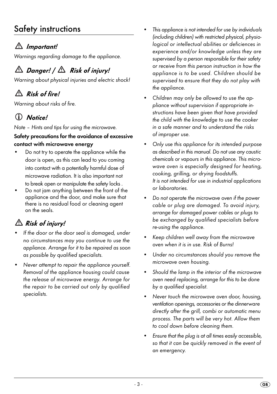 Safety instructions, Important, Danger! / risk of injury | Risk of fire, Notice, Risk of injury | Silvercrest SMW 800 A2 User Manual | Page 5 / 70