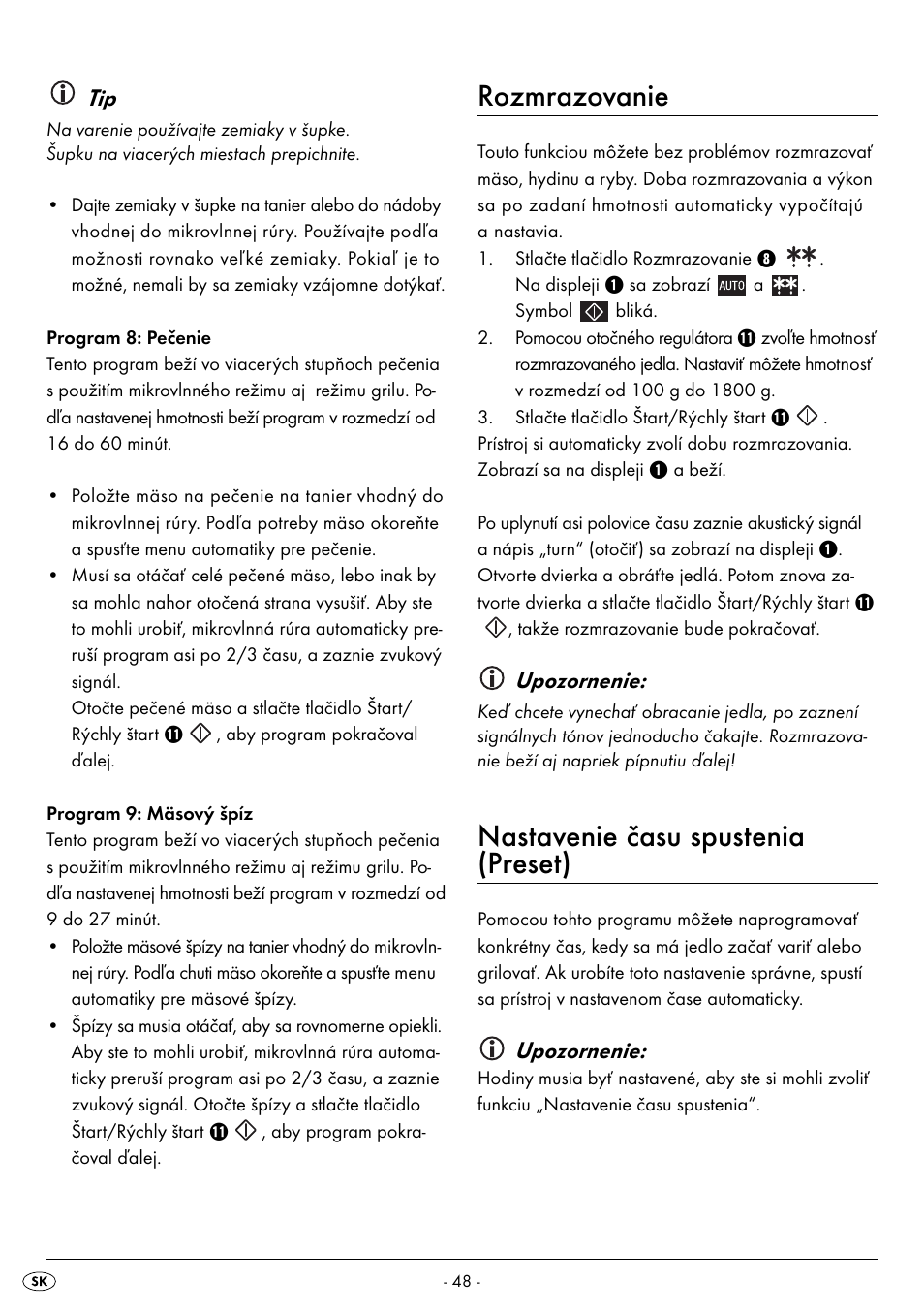 Rozmrazovanie, Nastavenie času spustenia (preset), Upozornenie | Silvercrest SMW 800 A2 User Manual | Page 50 / 70
