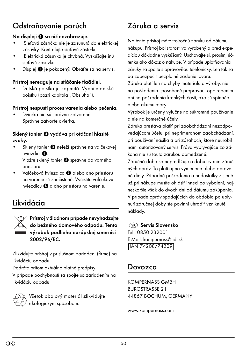 Odstraňovanie porúch, Likvidácia, Záruka a servis | Dovozca | Silvercrest SMW 800 A2 User Manual | Page 52 / 70