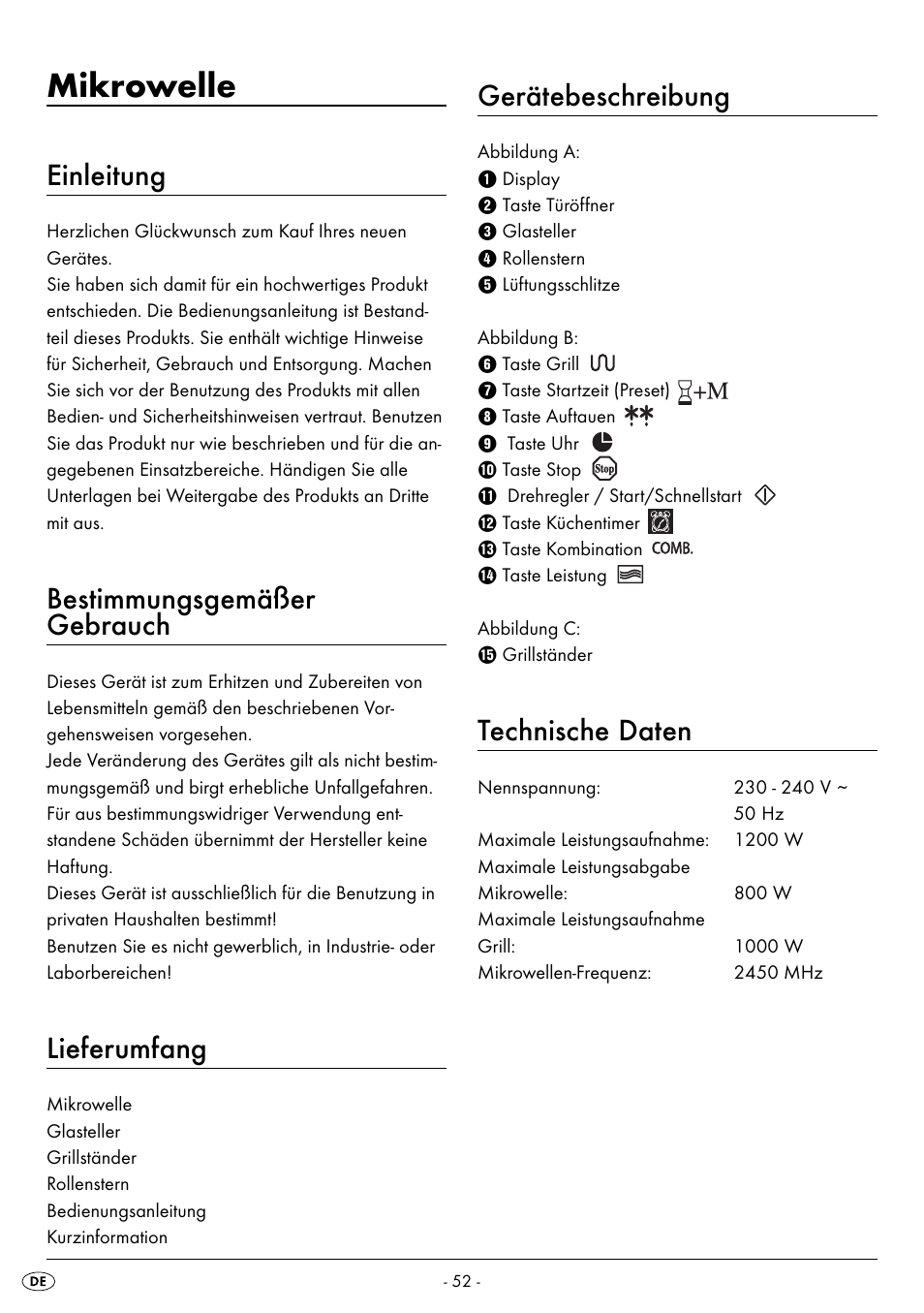 Mikrowelle, Einleitung, Bestimmungsgemäßer gebrauch | Lieferumfang, Gerätebeschreibung, Technische daten | Silvercrest SMW 800 A2 User Manual | Page 54 / 70
