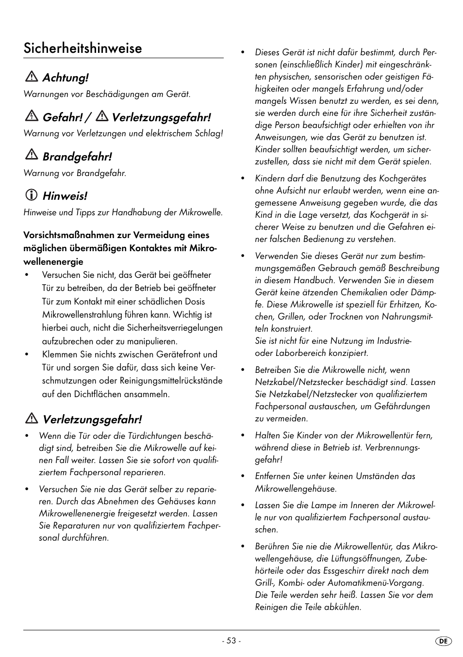 Sicherheitshinweise, Achtung, Gefahr! / verletzungsgefahr | Brandgefahr, Hinweis, Verletzungsgefahr | Silvercrest SMW 800 A2 User Manual | Page 55 / 70