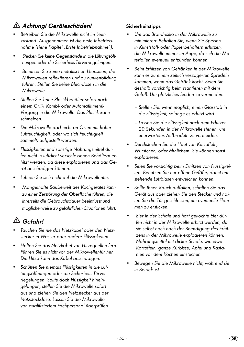 Achtung! geräteschäden, Gefahr | Silvercrest SMW 800 A2 User Manual | Page 57 / 70