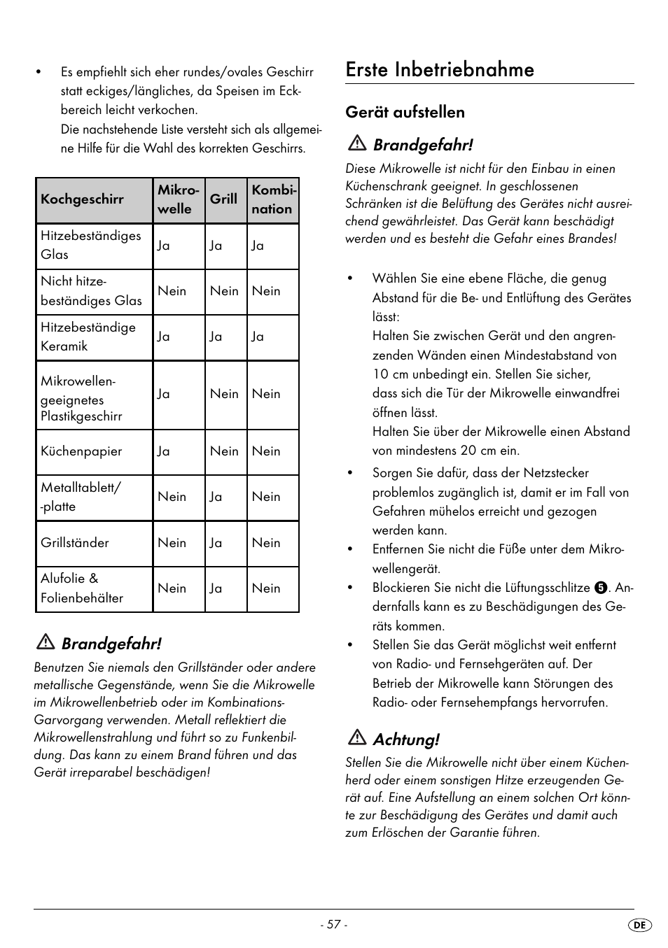 Erste inbetriebnahme, Brandgefahr, Gerät aufstellen brandgefahr | Achtung | Silvercrest SMW 800 A2 User Manual | Page 59 / 70