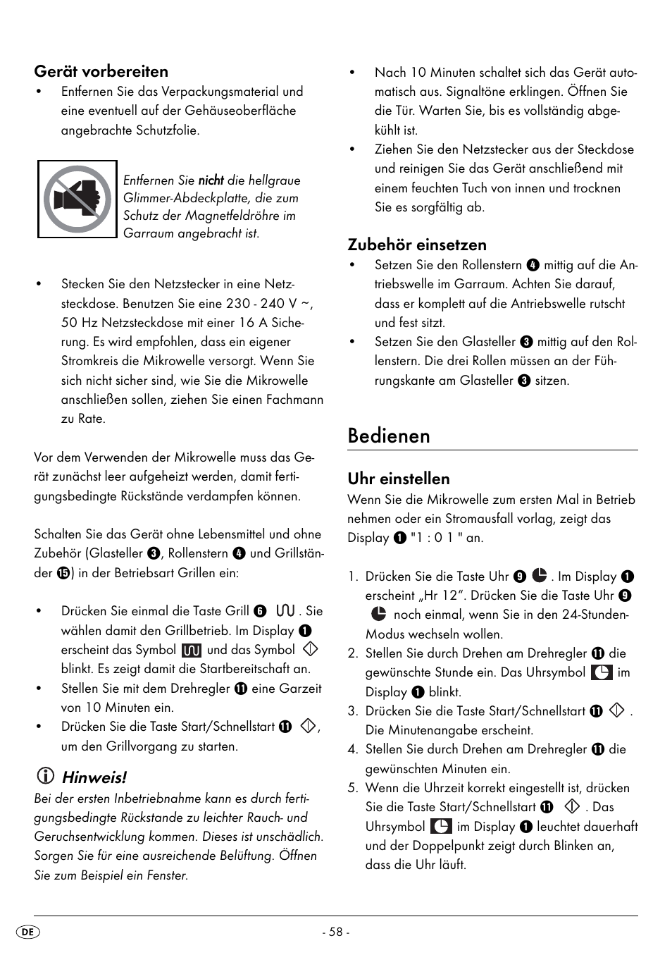 Bedienen, Gerät vorbereiten, Hinweis | Zubehör einsetzen, Uhr einstellen | Silvercrest SMW 800 A2 User Manual | Page 60 / 70