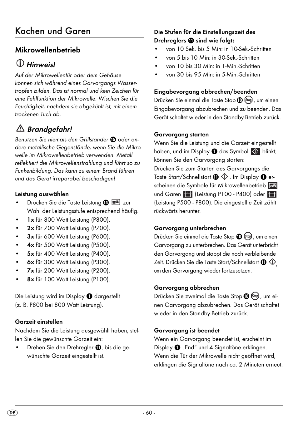 Kochen und garen, Mikrowellenbetrieb hinweis, Brandgefahr | Silvercrest SMW 800 A2 User Manual | Page 62 / 70