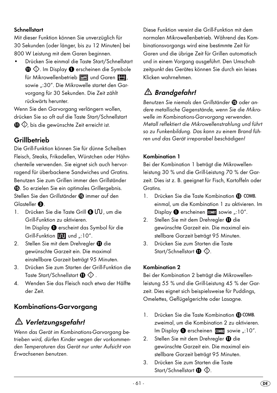 Grillbetrieb, Kombinations-garvorgang verletzungsgefahr, Brandgefahr | Silvercrest SMW 800 A2 User Manual | Page 63 / 70