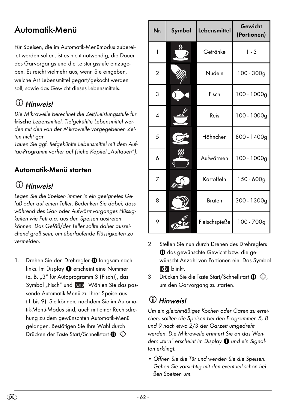 Automatik-menü, Hinweis, Automatik-menü starten hinweis | Silvercrest SMW 800 A2 User Manual | Page 64 / 70