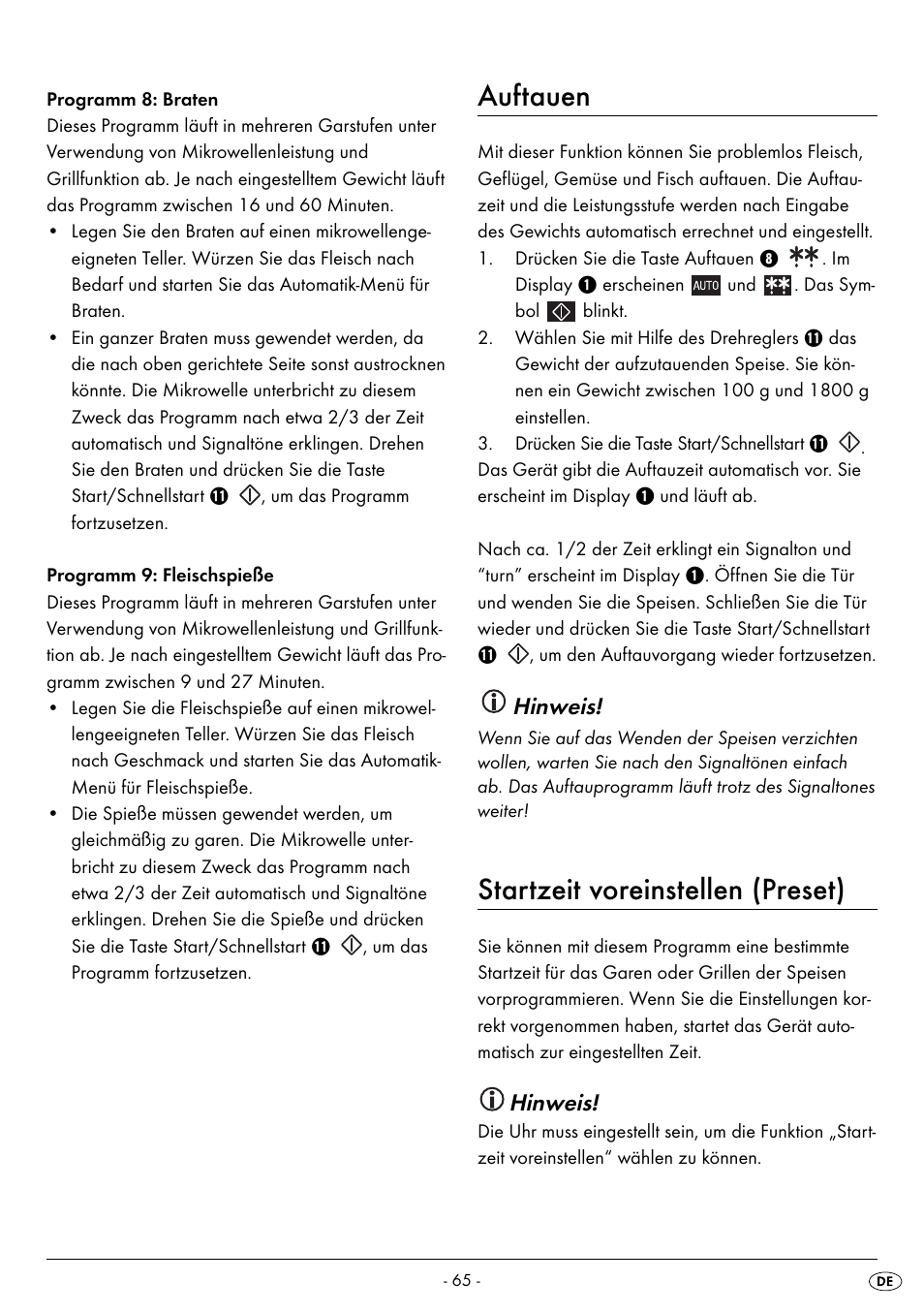 Auftauen, Startzeit voreinstellen (preset), Hinweis | Silvercrest SMW 800 A2 User Manual | Page 67 / 70