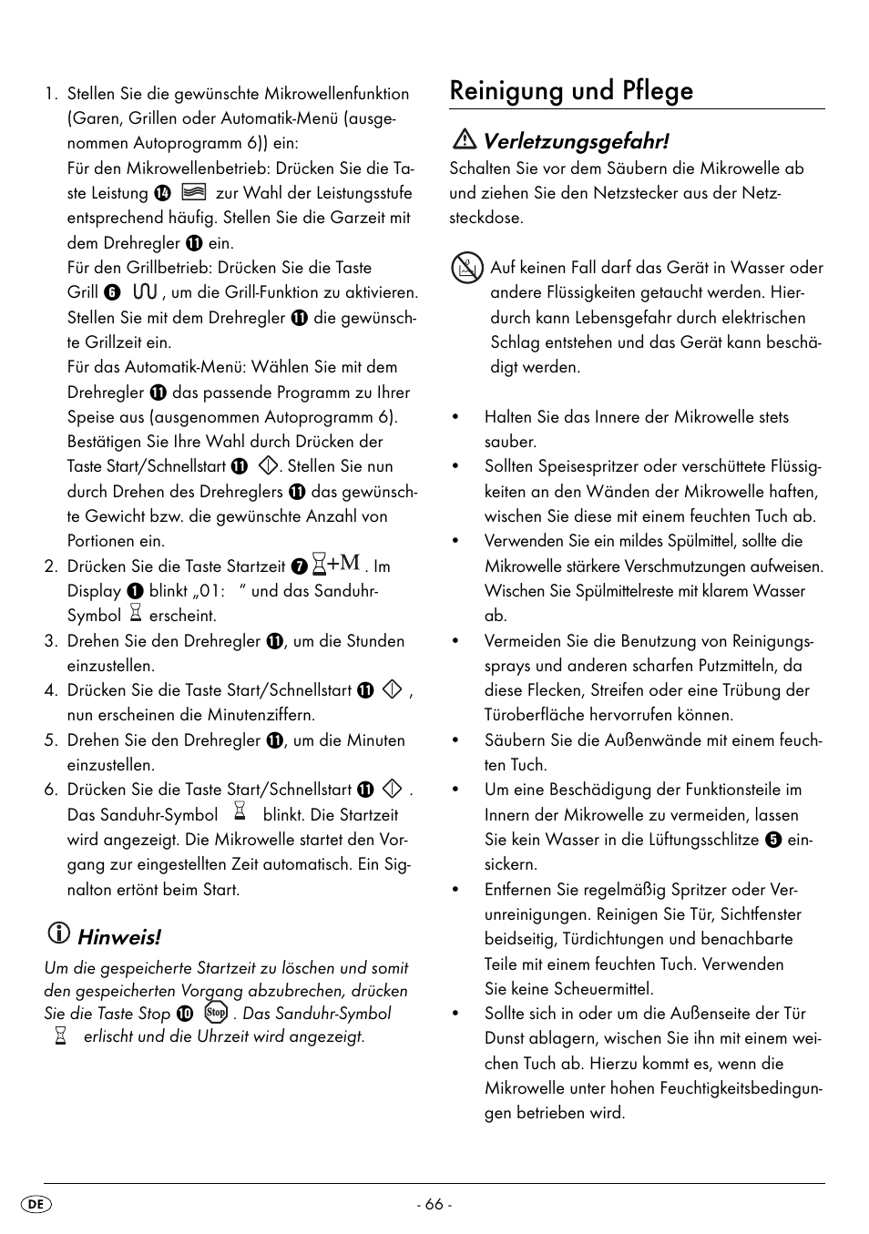 Reinigung und pflege, Hinweis, Verletzungsgefahr | Silvercrest SMW 800 A2 User Manual | Page 68 / 70