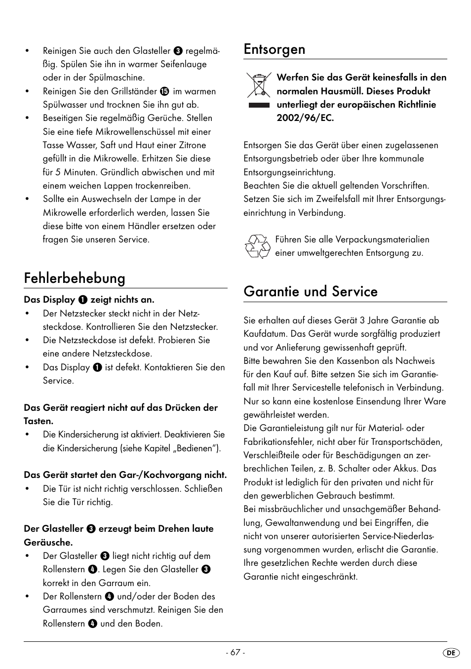 Fehlerbehebung, Entsorgen, Garantie und service | Silvercrest SMW 800 A2 User Manual | Page 69 / 70