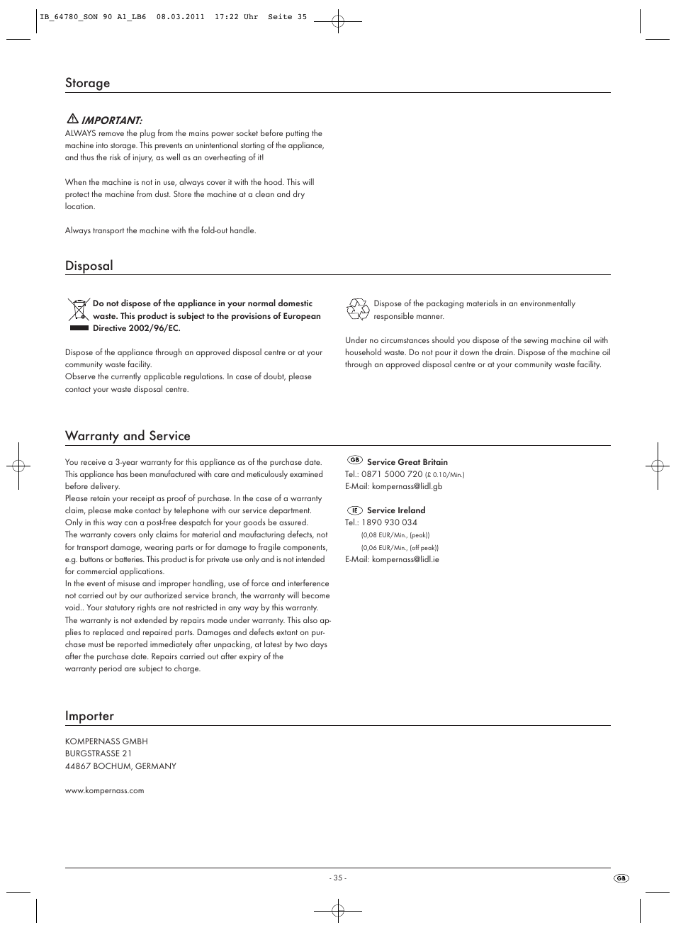 Storage, Disposal, Warranty and service | Importer | Silvercrest SON 90 A1 User Manual | Page 37 / 38