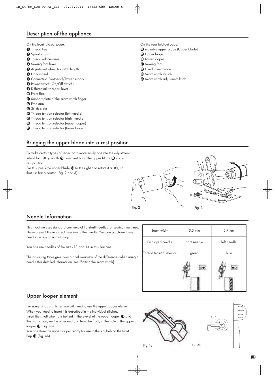 Description of the appliance, Bringing the upper blade into a rest position, Needle information | Upper looper element | Silvercrest SON 90 A1 User Manual | Page 7 / 38