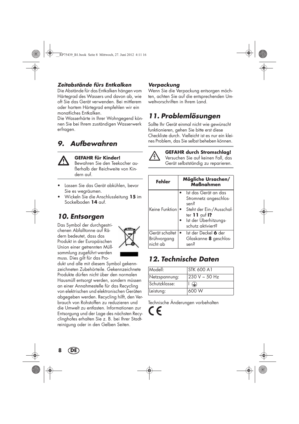 Aufbewahren, Entsorgen, Problemlösungen | Technische daten | Silvercrest STK 600 A1 User Manual | Page 10 / 54