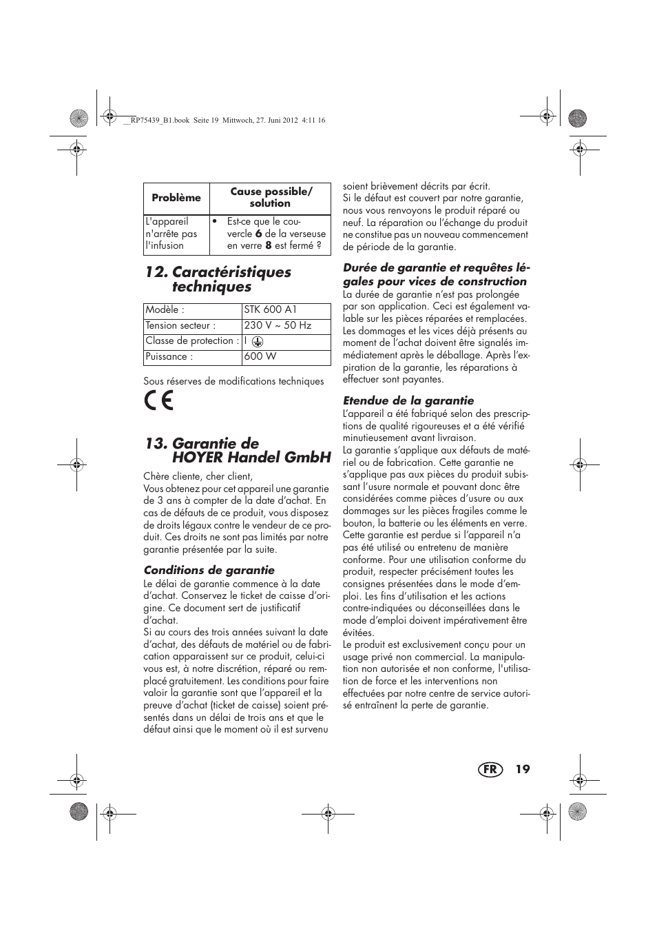 Caractéristiques techniques, Garantie de hoyer handel gmbh | Silvercrest STK 600 A1 User Manual | Page 21 / 54
