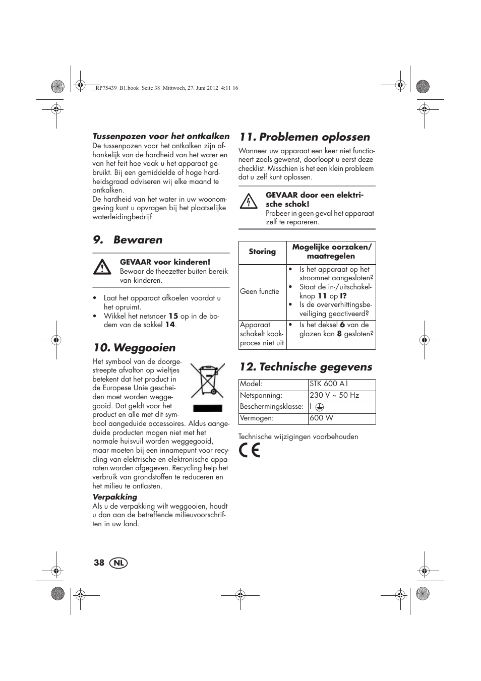 Bewaren, Weggooien, Problemen oplossen | Technische gegevens | Silvercrest STK 600 A1 User Manual | Page 40 / 54