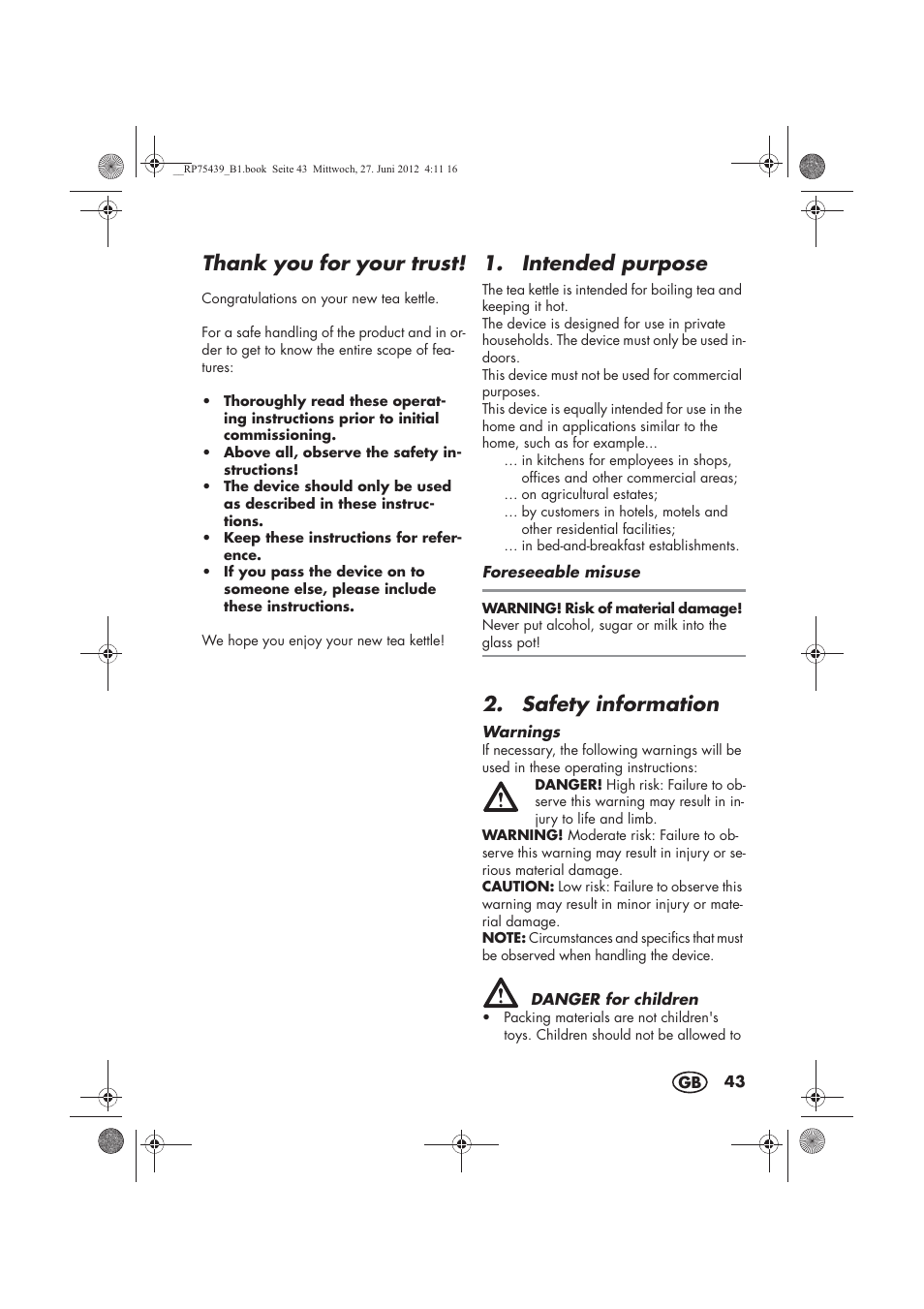 Intended purpose, Safety information | Silvercrest STK 600 A1 User Manual | Page 45 / 54