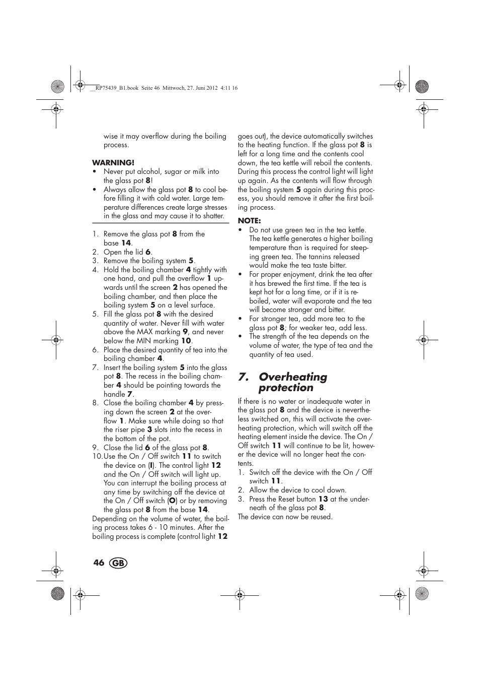 Overheating protection | Silvercrest STK 600 A1 User Manual | Page 48 / 54