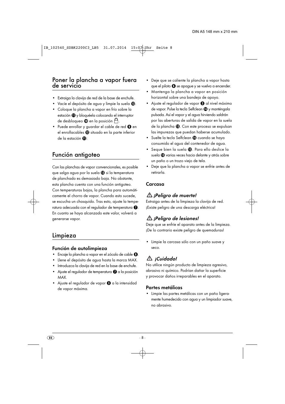 Poner la plancha a vapor fuera de servicio, Función antigoteo, Limpieza | Silvercrest SDBK 2200 C3 User Manual | Page 11 / 53