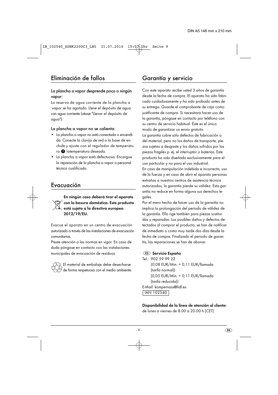 Eliminación de fallos, Evacuación, Garantía y servicio | Silvercrest SDBK 2200 C3 User Manual | Page 12 / 53