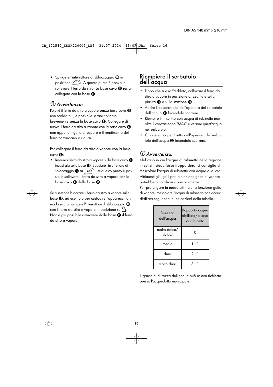 Riempiere il serbatoio dell‘acqua, Avvertenza | Silvercrest SDBK 2200 C3 User Manual | Page 19 / 53