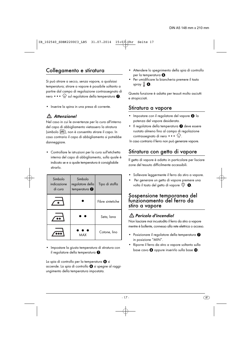 Collegamento e stiratura, Stiratura a vapore, Stiratura con getto di vapore | Silvercrest SDBK 2200 C3 User Manual | Page 20 / 53