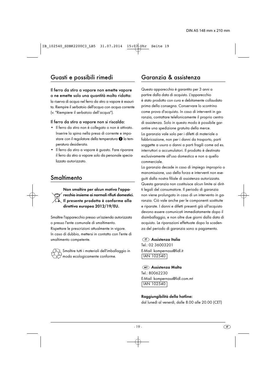 Guasti e possibili rimedi, Smaltimento, Garanzia & assistenza | Silvercrest SDBK 2200 C3 User Manual | Page 22 / 53