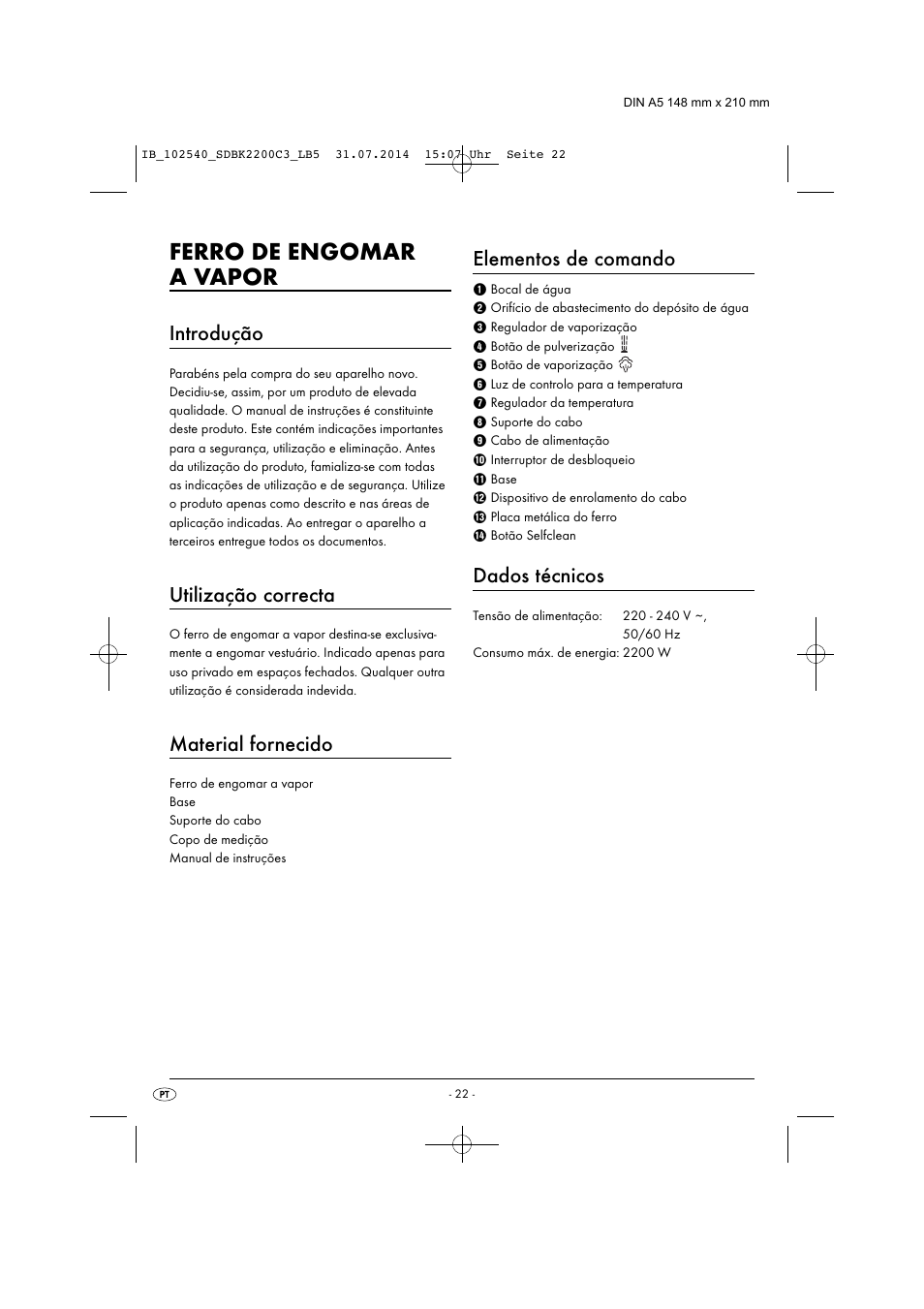 Ferro de engomar a vapor, Introdução, Utilização correcta | Material fornecido, Elementos de comando, Dados técnicos | Silvercrest SDBK 2200 C3 User Manual | Page 25 / 53