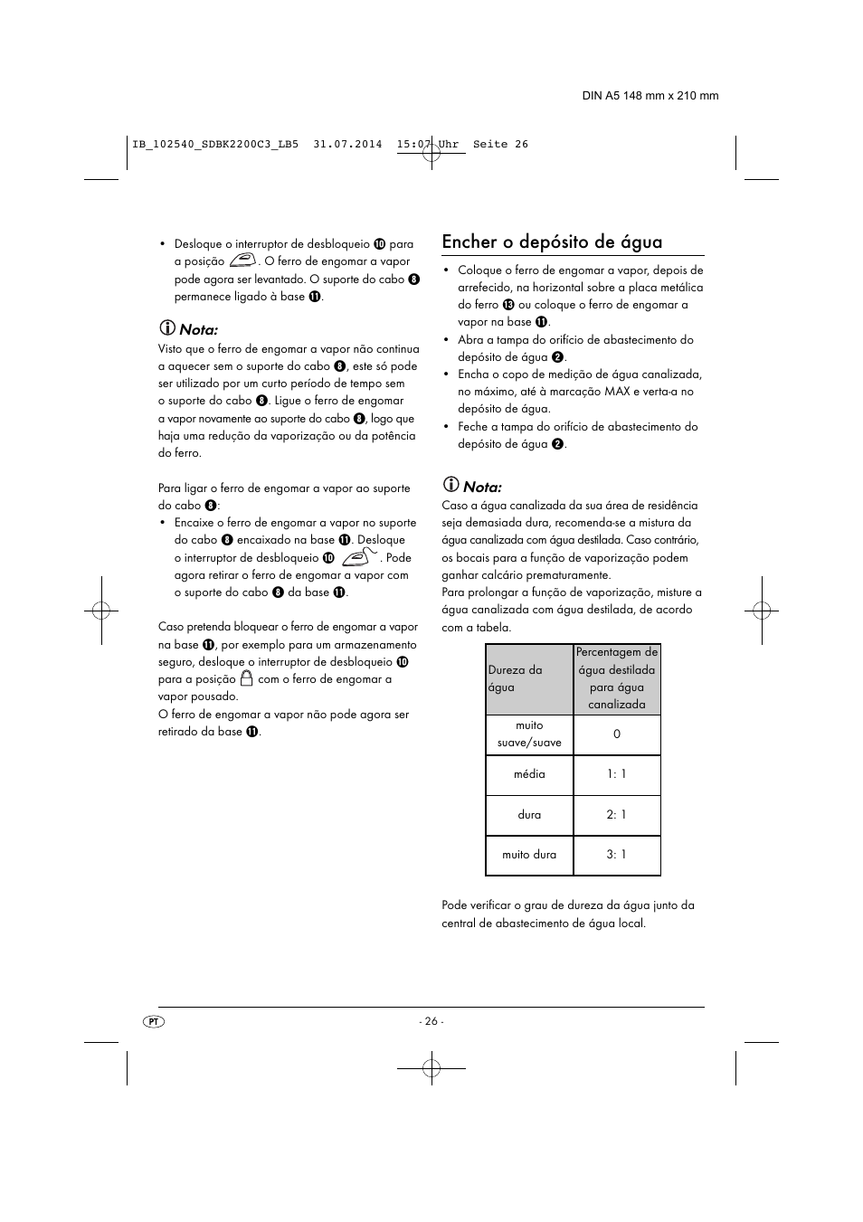 Encher o depósito de água, Nota | Silvercrest SDBK 2200 C3 User Manual | Page 29 / 53