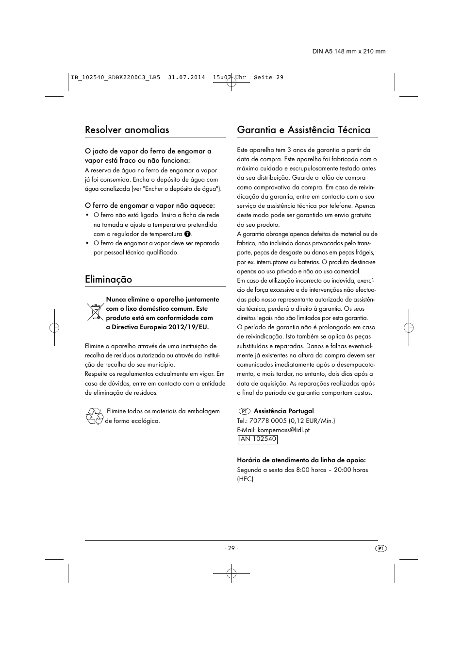 Resolver anomalias, Eliminação, Garantia e assistência técnica | Silvercrest SDBK 2200 C3 User Manual | Page 32 / 53