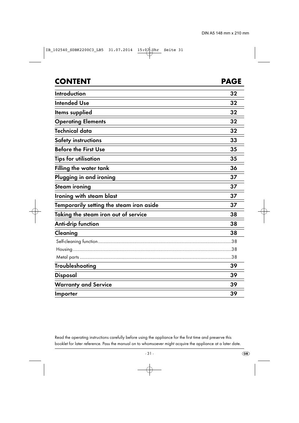 Content page | Silvercrest SDBK 2200 C3 User Manual | Page 34 / 53