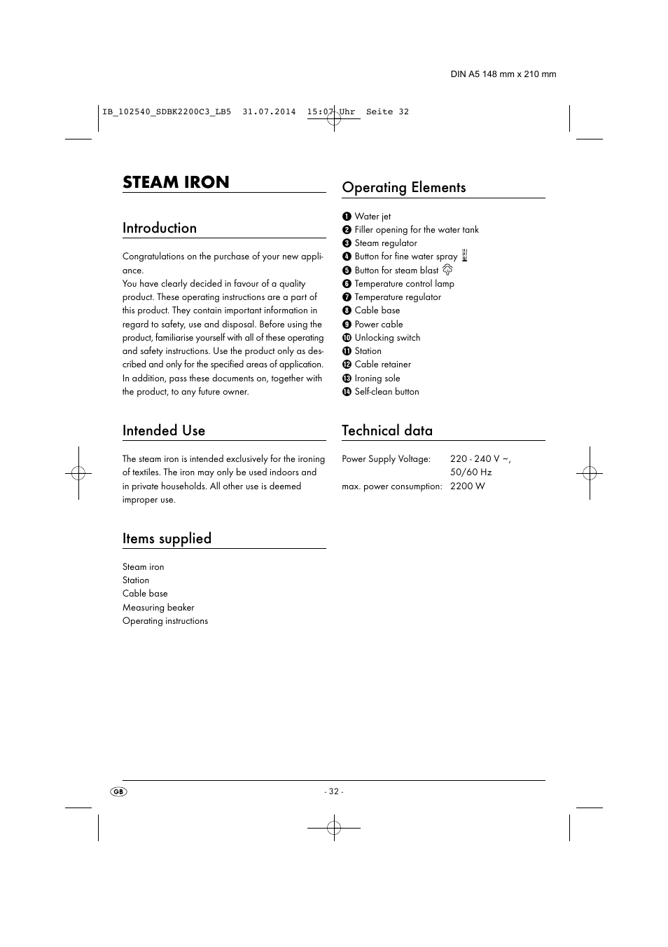 Steam iron, Introduction, Intended use | Items supplied, Operating elements, Technical data | Silvercrest SDBK 2200 C3 User Manual | Page 35 / 53