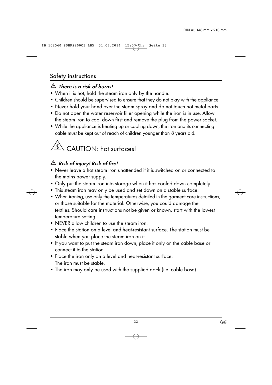 Caution: hot surfaces, Safety instructions | Silvercrest SDBK 2200 C3 User Manual | Page 36 / 53