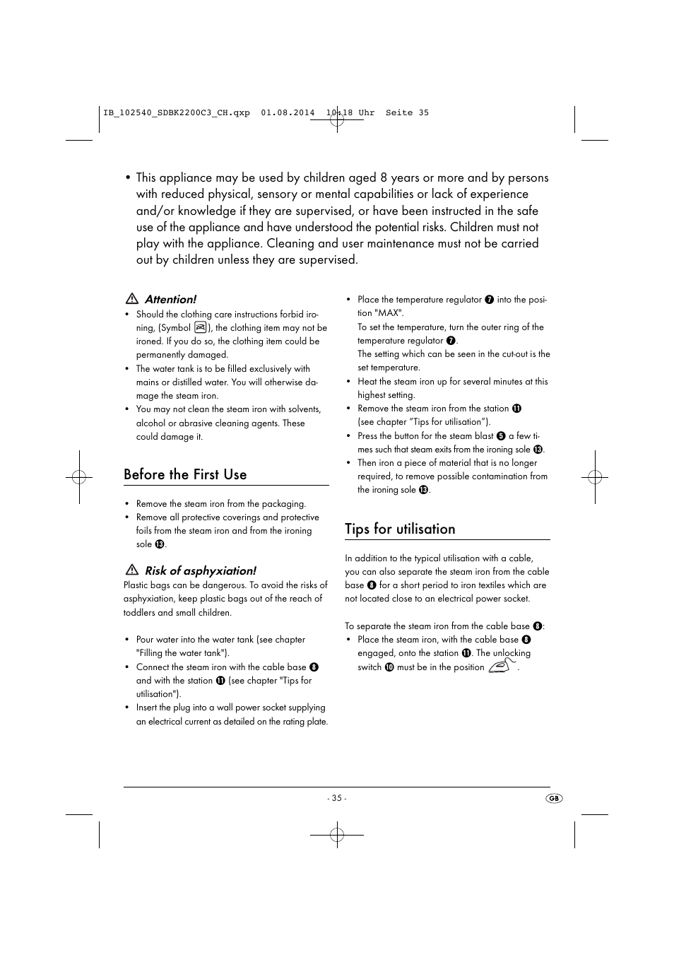 Before the first use, Tips for utilisation, Attention | Risk of asphyxiation | Silvercrest SDBK 2200 C3 User Manual | Page 38 / 53