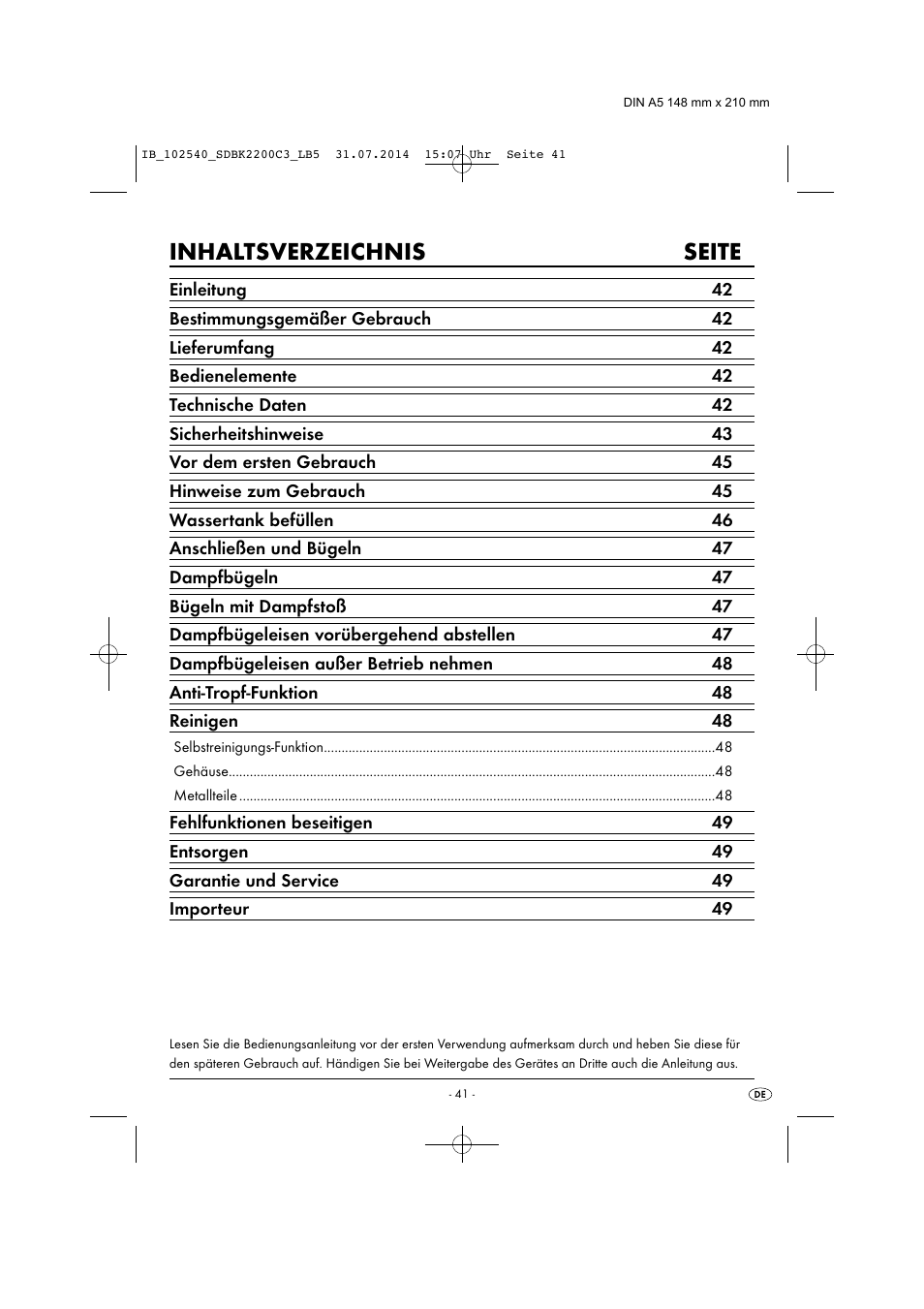 Inhaltsverzeichnis seite | Silvercrest SDBK 2200 C3 User Manual | Page 44 / 53