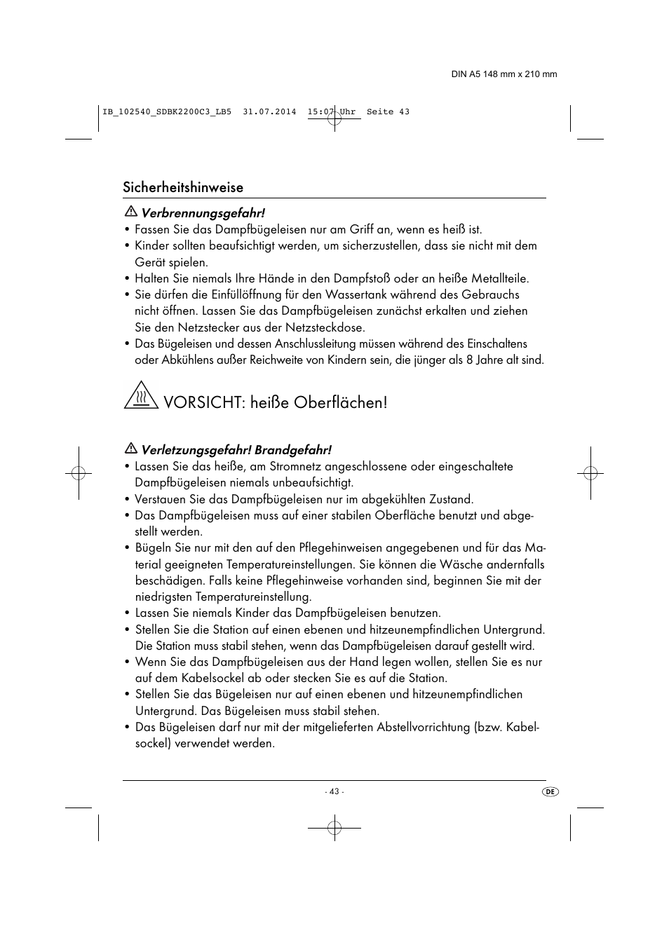 Vorsicht: heiße oberflächen, Sicherheitshinweise | Silvercrest SDBK 2200 C3 User Manual | Page 46 / 53