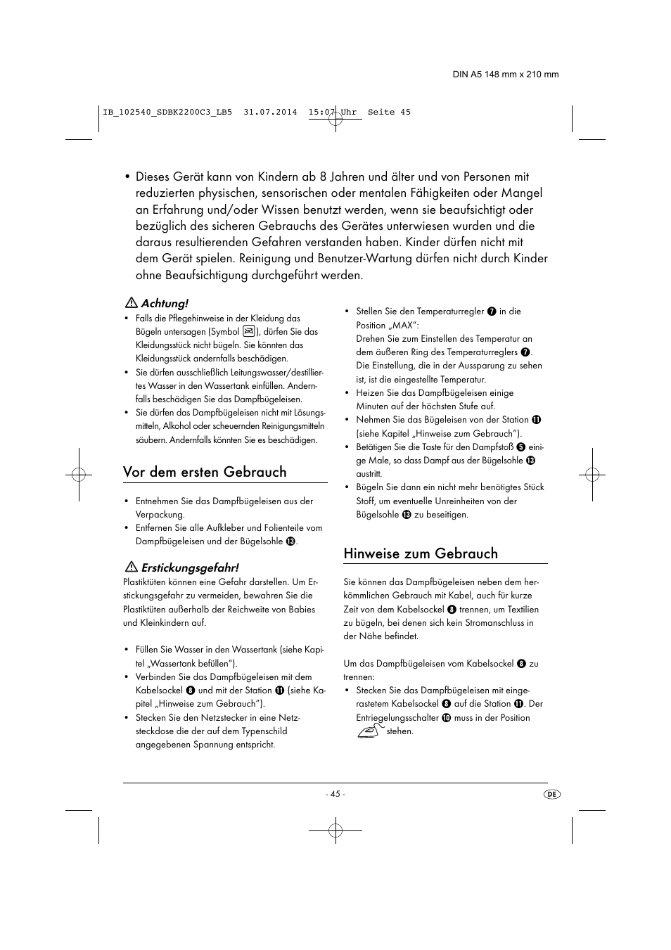 Vor dem ersten gebrauch, Hinweise zum gebrauch, Achtung | Erstickungsgefahr | Silvercrest SDBK 2200 C3 User Manual | Page 48 / 53