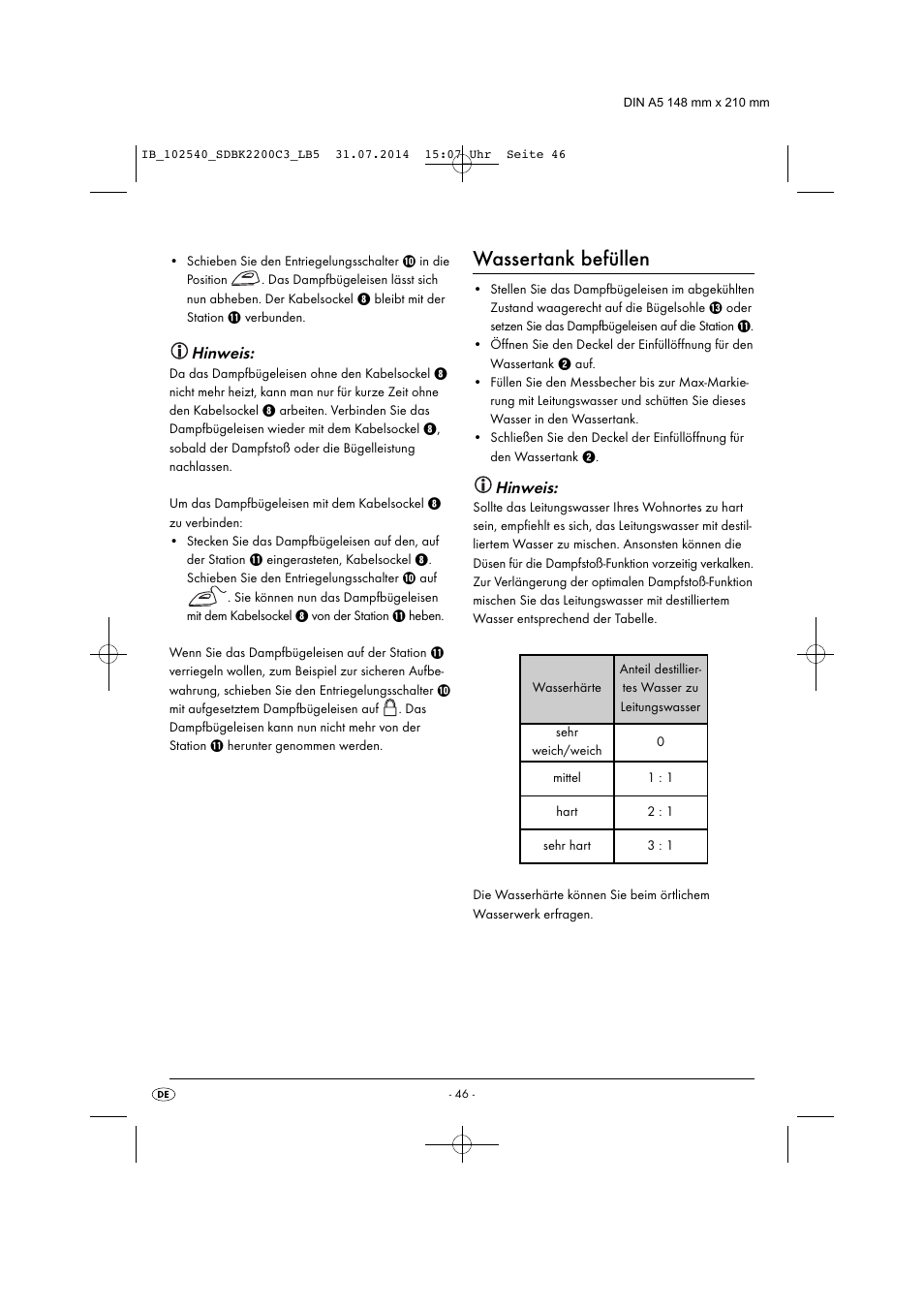 Wassertank befüllen, Hinweis | Silvercrest SDBK 2200 C3 User Manual | Page 49 / 53