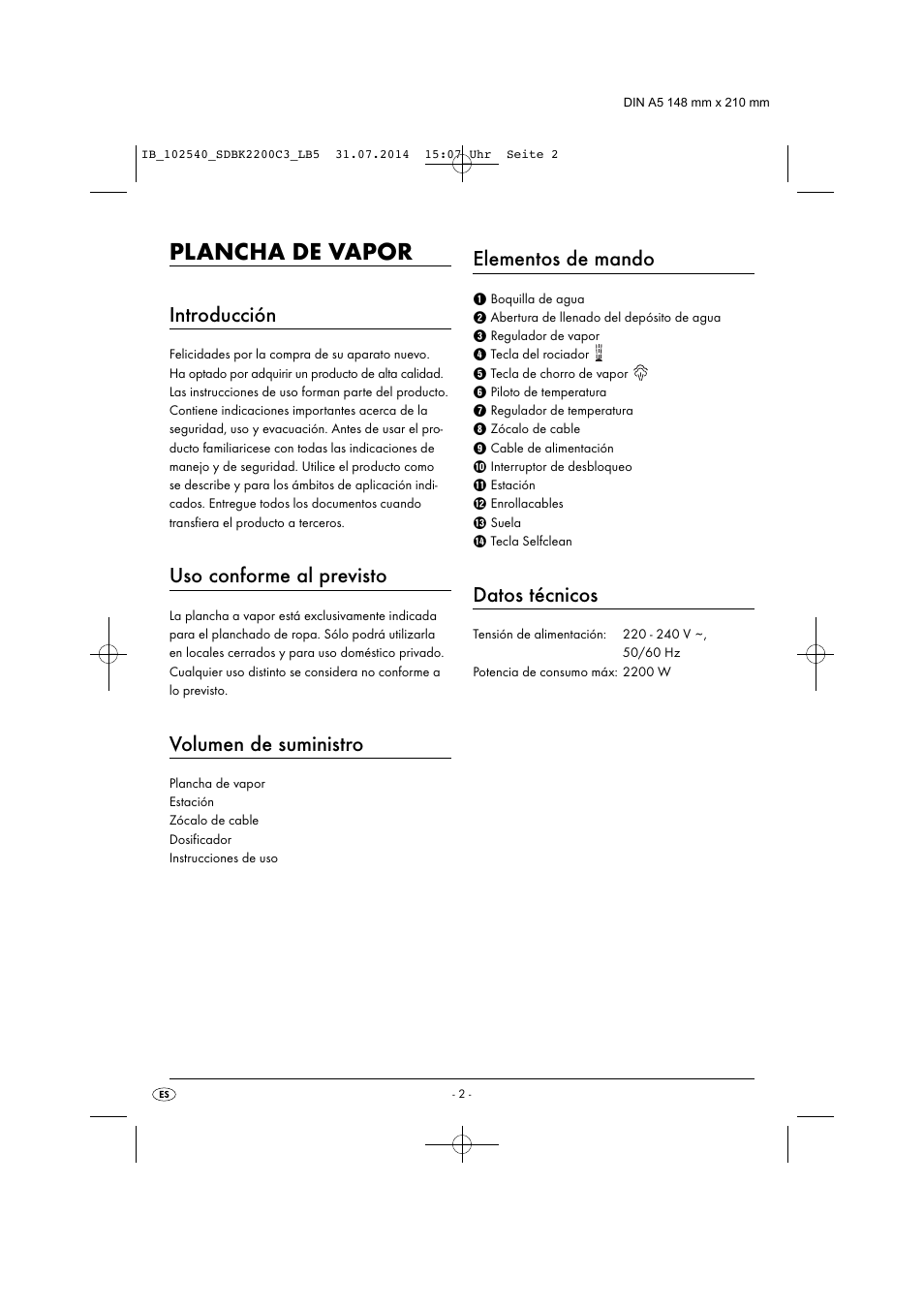 Plancha de vapor, Introducción, Uso conforme al previsto | Volumen de suministro, Elementos de mando, Datos técnicos | Silvercrest SDBK 2200 C3 User Manual | Page 5 / 53