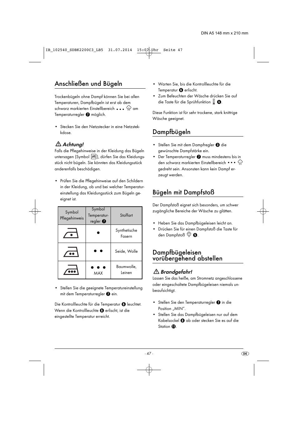 Anschließen und bügeln, Dampfbügeln, Bügeln mit dampfstoß | Dampfbügeleisen vorübergehend abstellen | Silvercrest SDBK 2200 C3 User Manual | Page 50 / 53