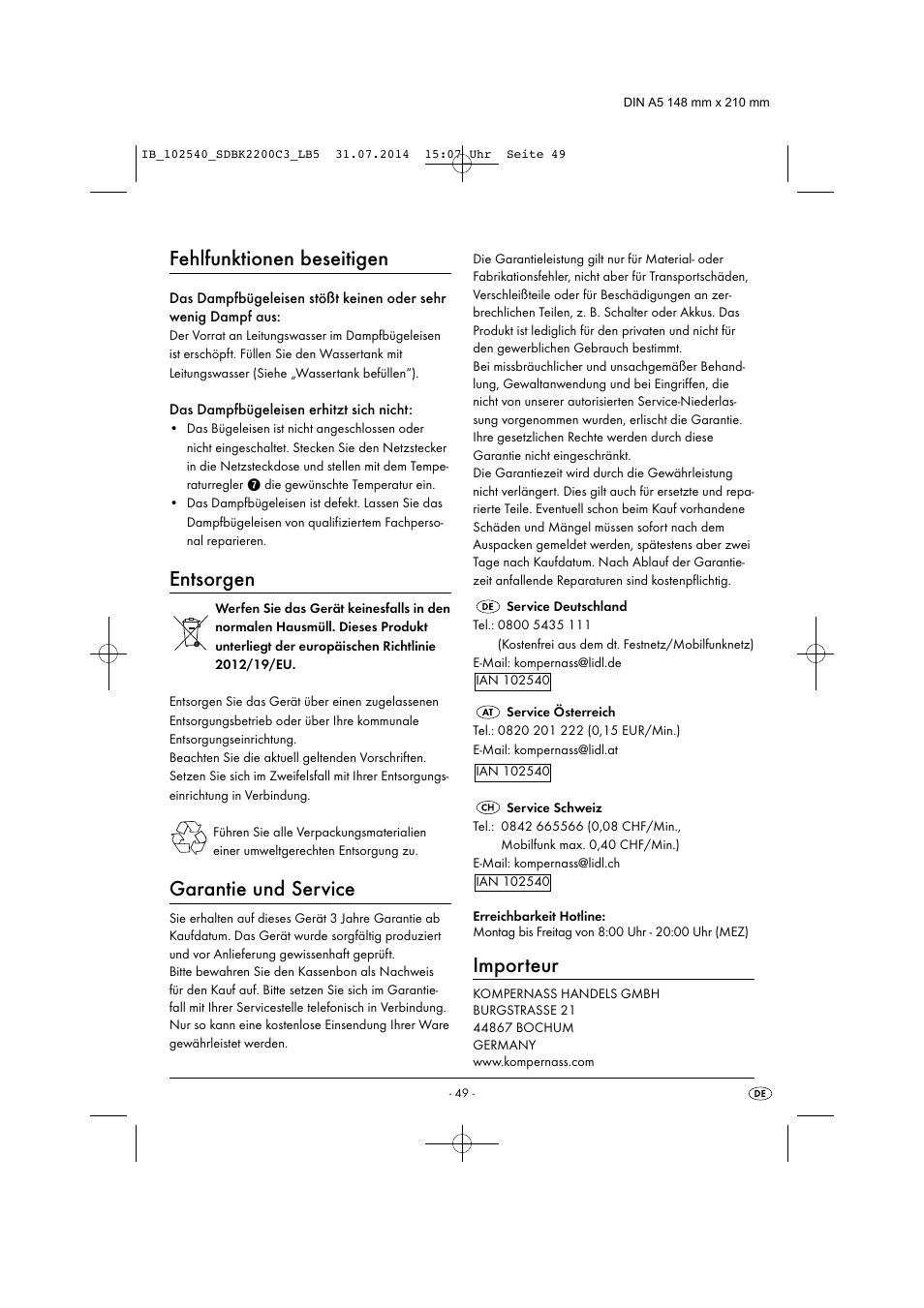 Fehlfunktionen beseitigen, Entsorgen, Garantie und service | Importeur | Silvercrest SDBK 2200 C3 User Manual | Page 52 / 53