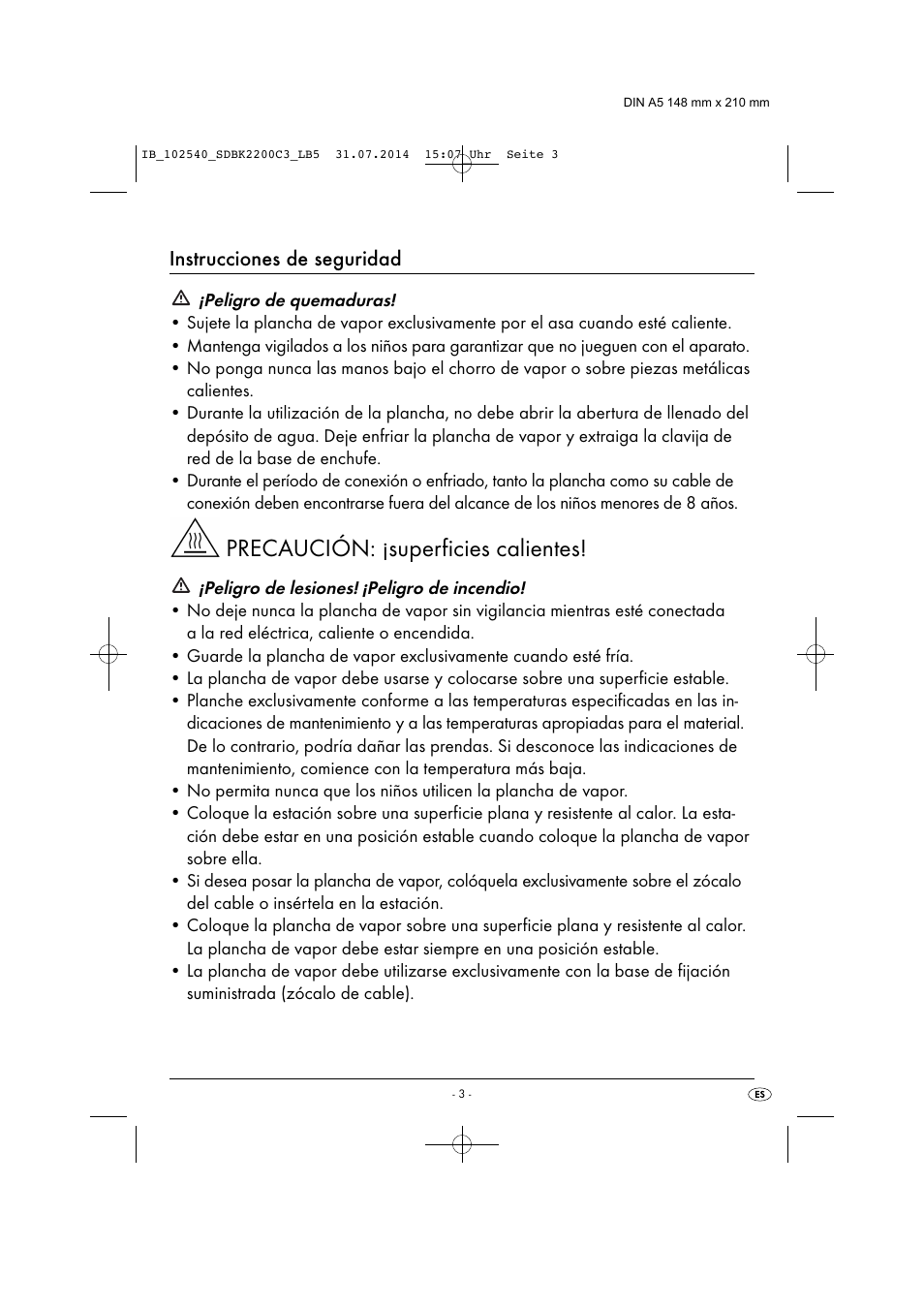 Precaución: ¡superficies calientes, Instrucciones de seguridad | Silvercrest SDBK 2200 C3 User Manual | Page 6 / 53