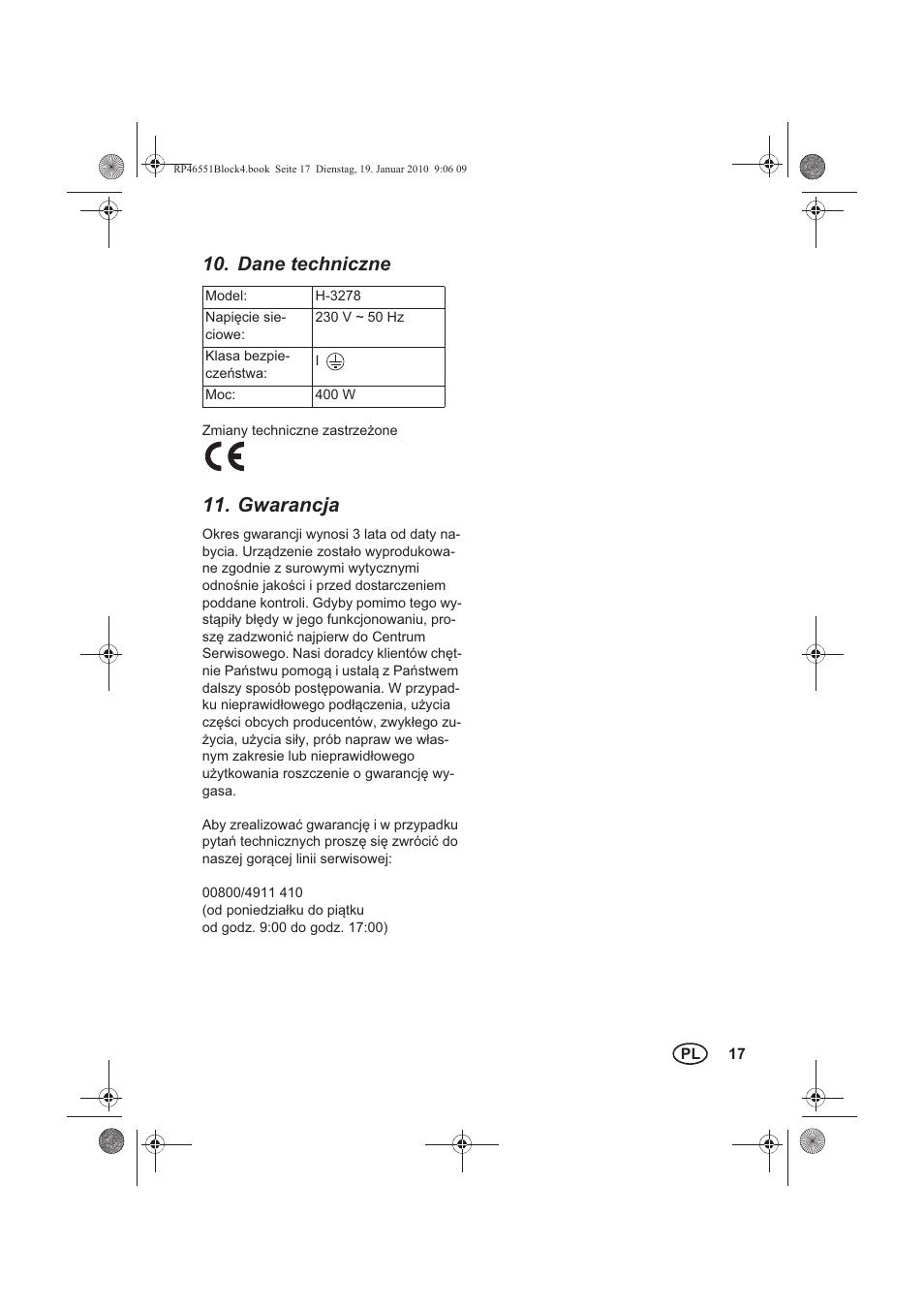 Dane techniczne, Gwarancja | Silvercrest H-3278 User Manual | Page 19 / 70