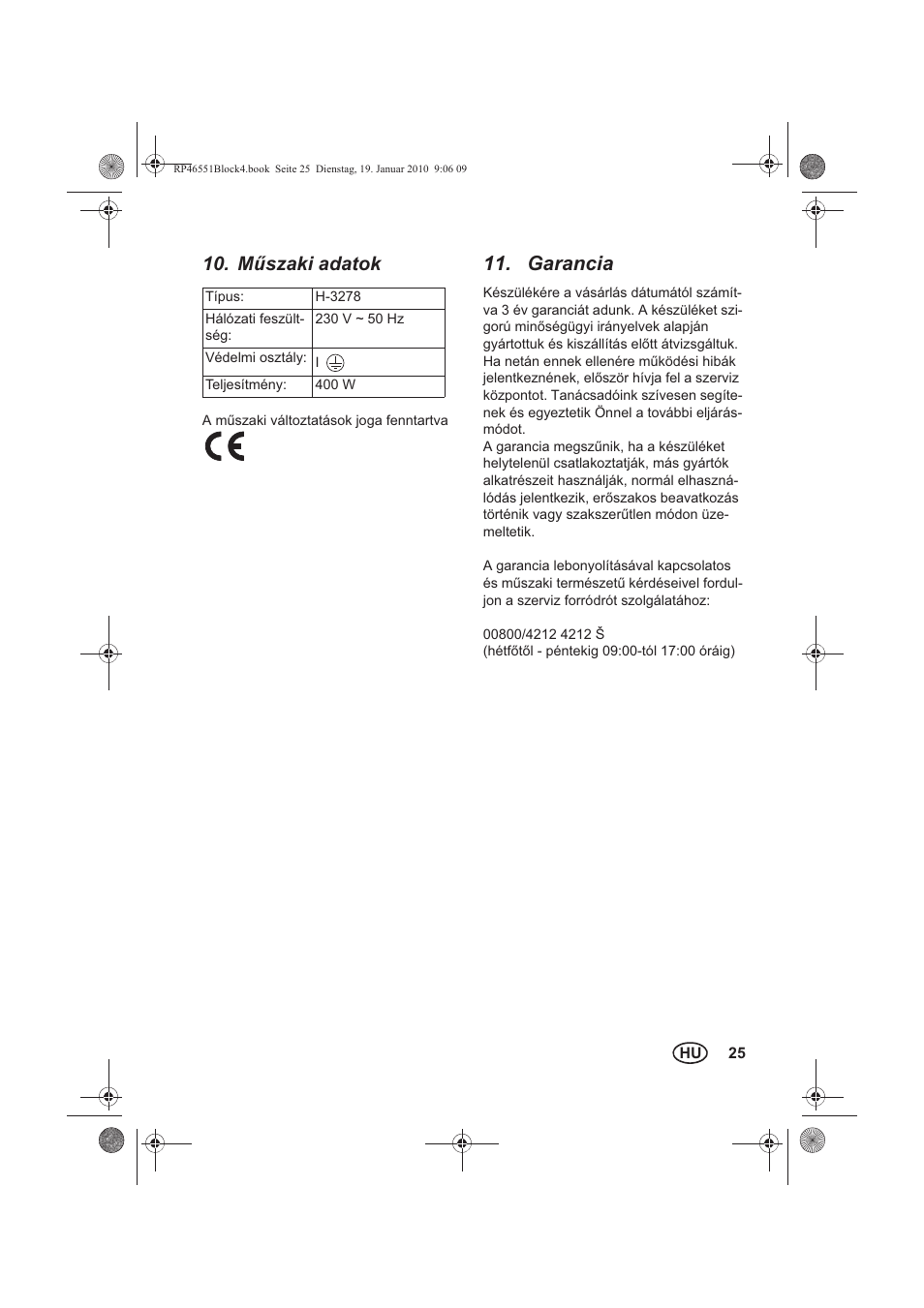 Mszaki adatok, Garancia | Silvercrest H-3278 User Manual | Page 27 / 70