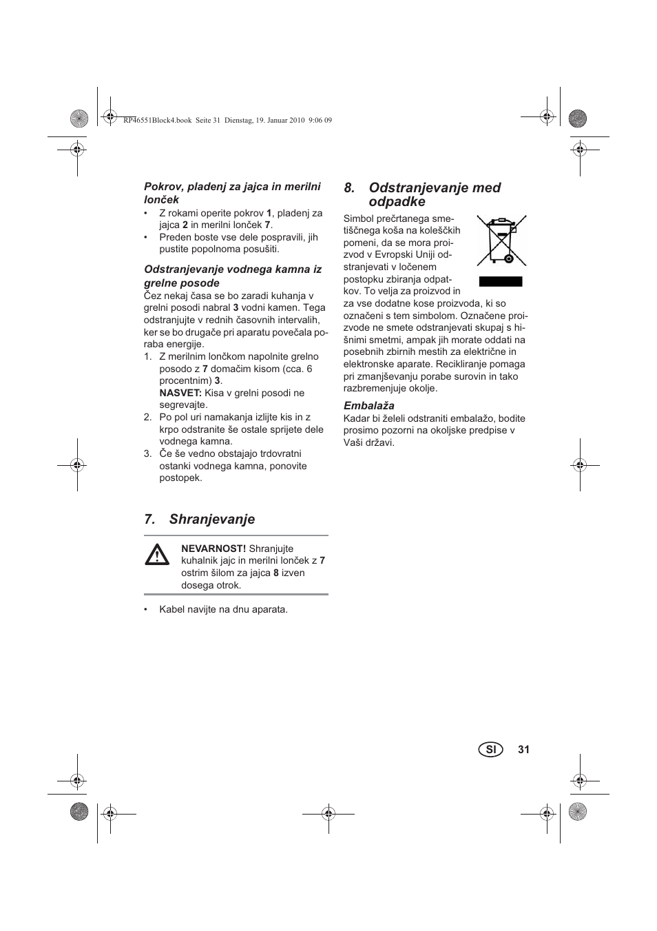 Shranjevanje, Odstranjevanje med odpadke | Silvercrest H-3278 User Manual | Page 33 / 70