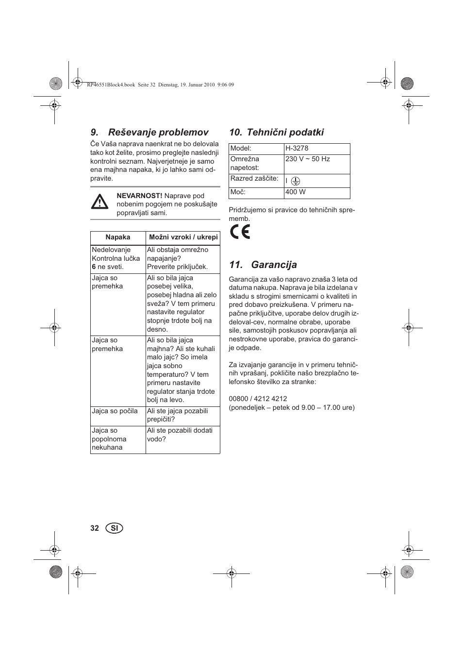 Reševanje problemov, Tehnini podatki, Garancija | Silvercrest H-3278 User Manual | Page 34 / 70