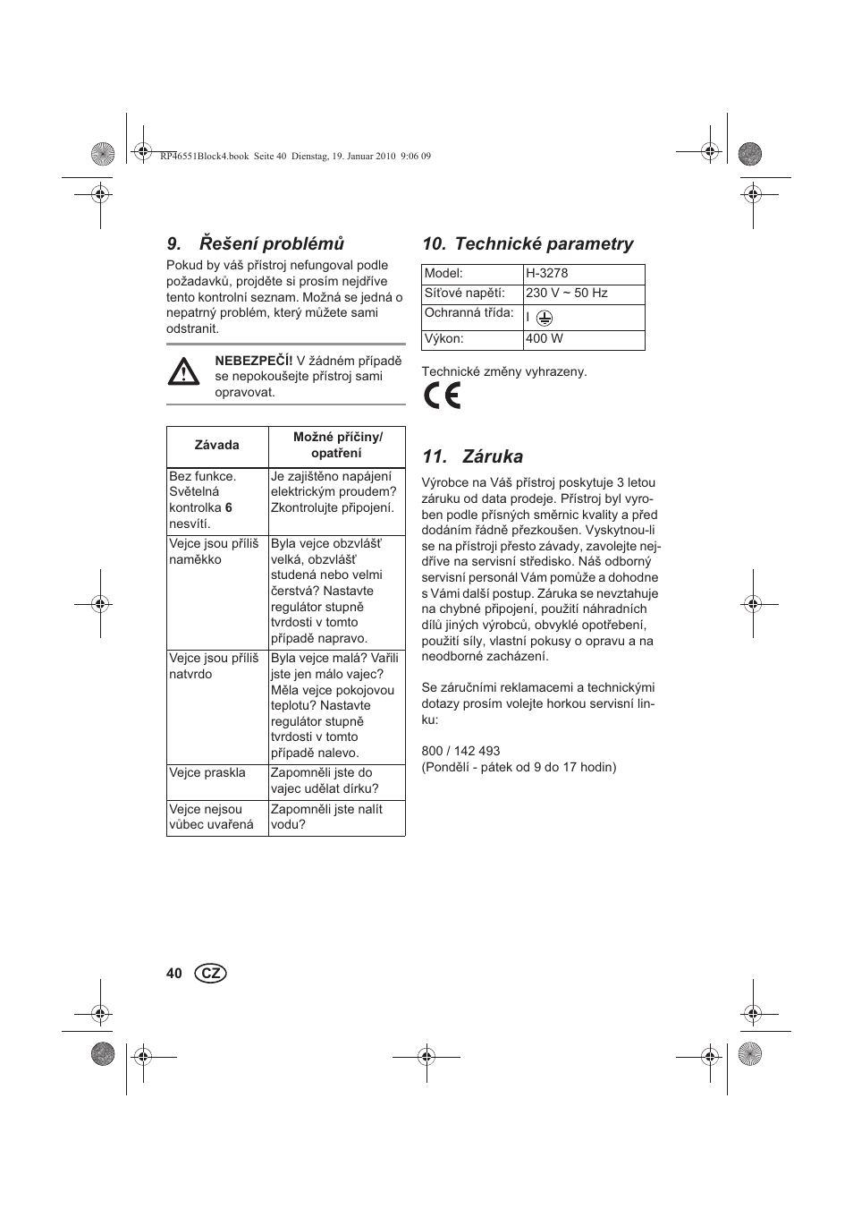 ešení problém, Technické parametry, Záruka | Silvercrest H-3278 User Manual | Page 42 / 70