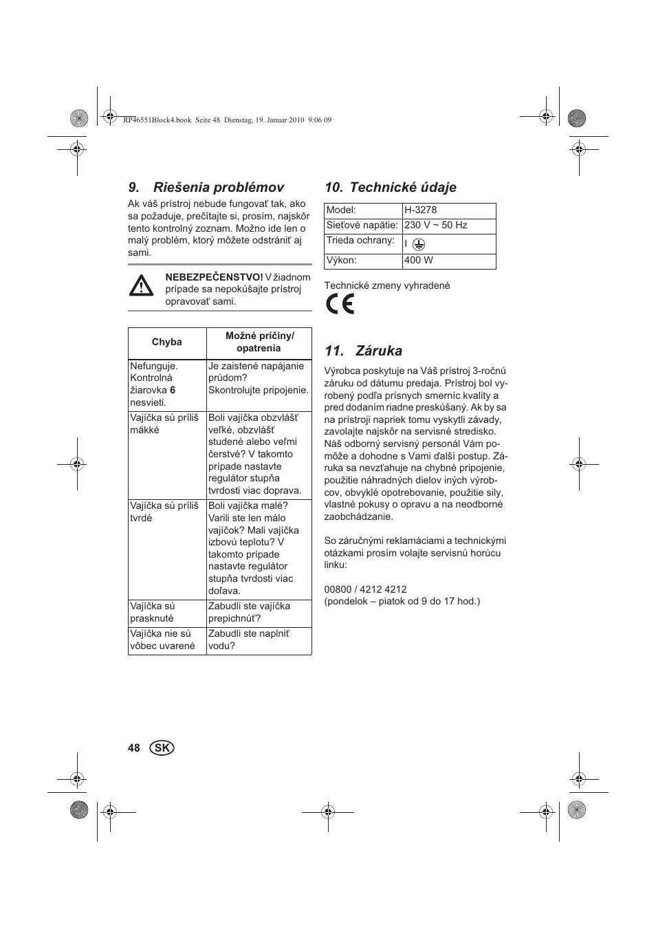 Riešenia problémov, Technické údaje, Záruka | Silvercrest H-3278 User Manual | Page 50 / 70