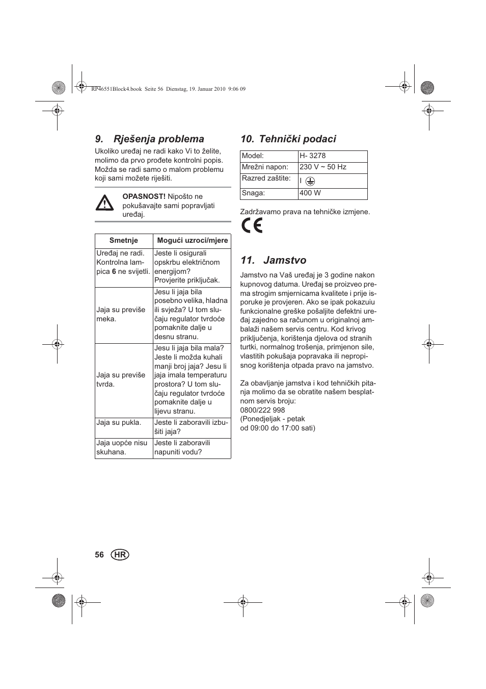 Rješenja problema, Tehniki podaci, Jamstvo | Silvercrest H-3278 User Manual | Page 58 / 70